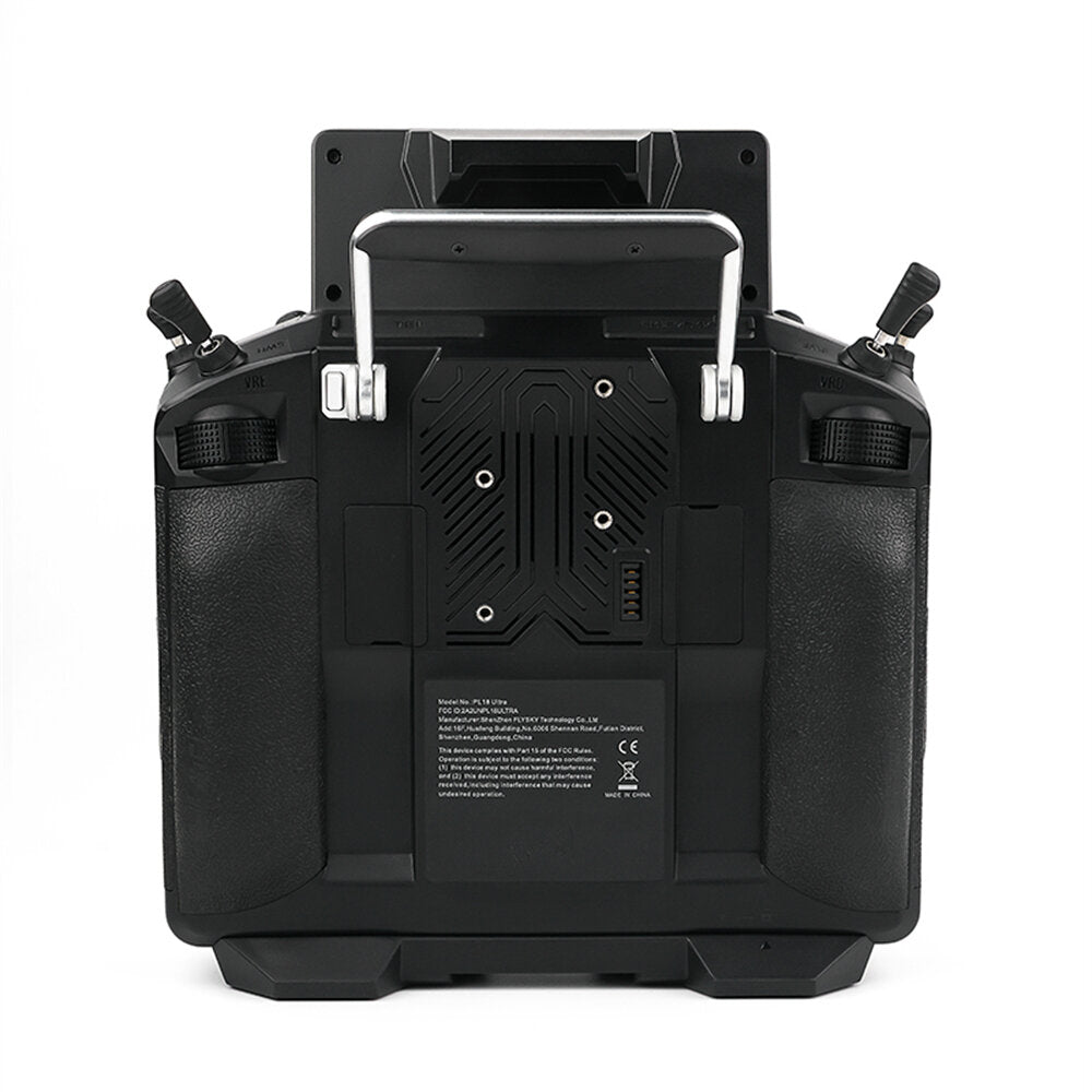 Rear view of FLYSKY PL18 Ultra Paladin transmitter with carry handle, grip texture, and back panel