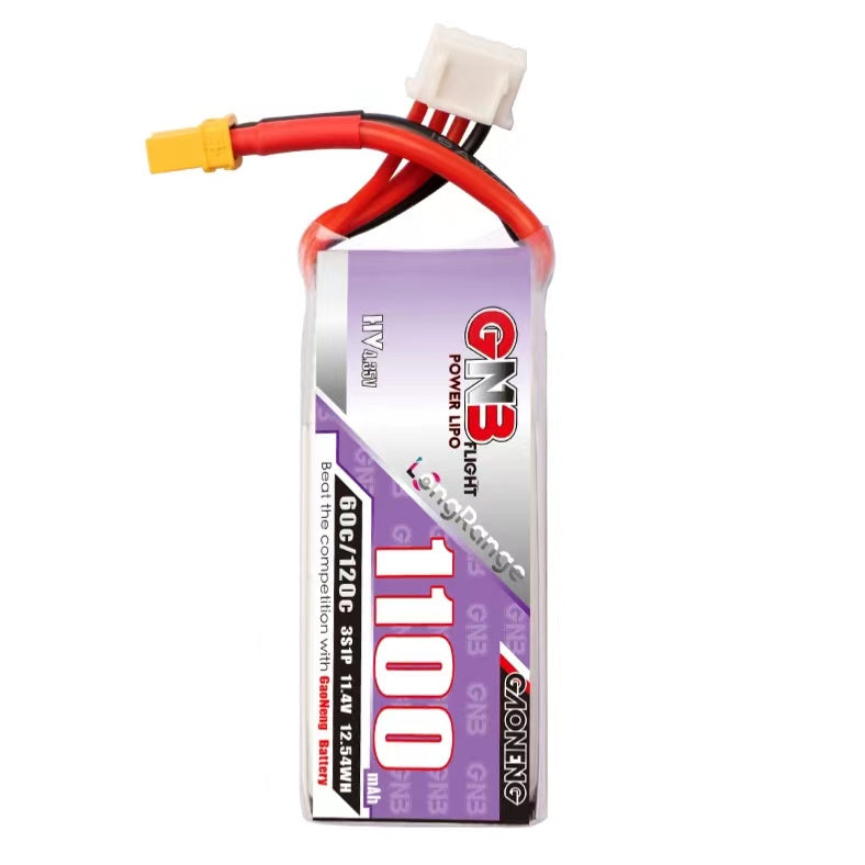 Single GNB 1100mAh 3S LiHV battery with XT30 lead and balance plug, front label close view