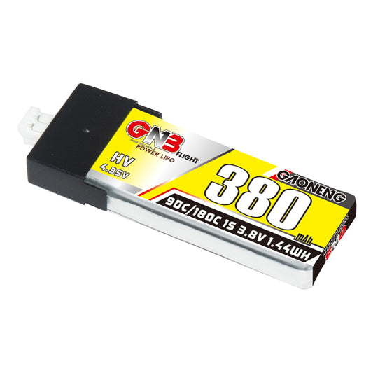 GAONENG GNB3801S90PHV LiHV 1S 3.8V 380mAh 90C PH2.0 micro FPV whoop battery, angled view