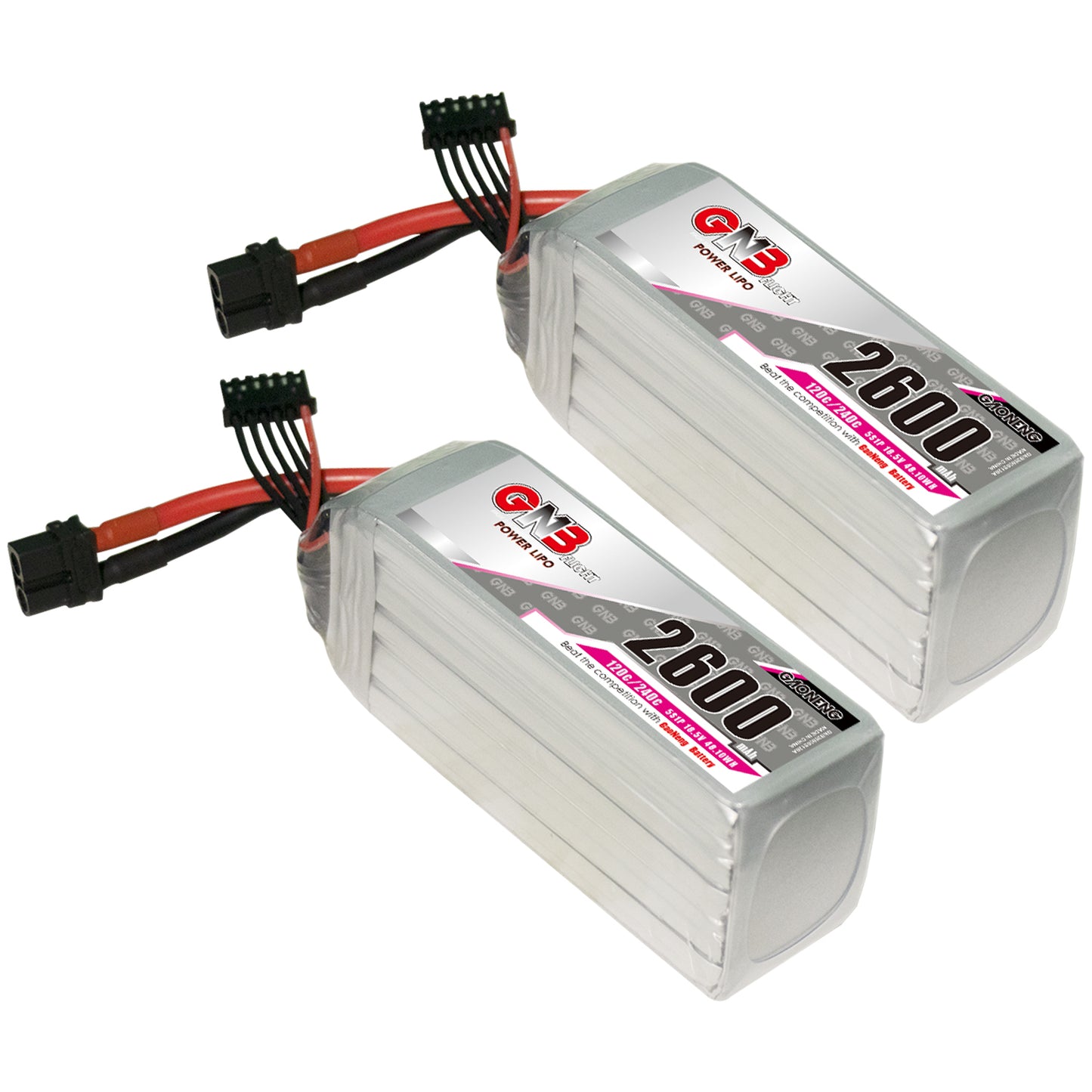 Two GAONENG GNB 5S 2600mAh 120C LiPo batteries angled side by side with XT60 leads