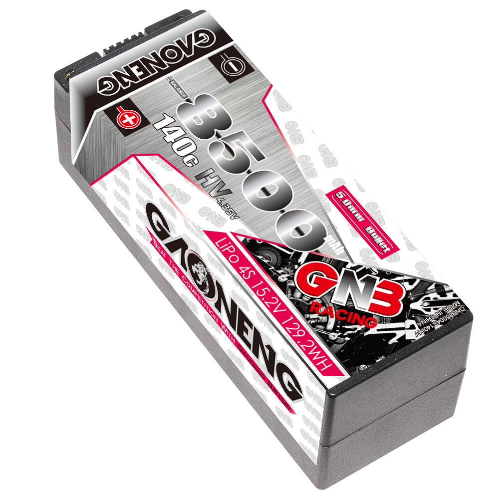 GAONENG GNB 8500mAh 4S LiHV hard case LiPo battery, angled top view