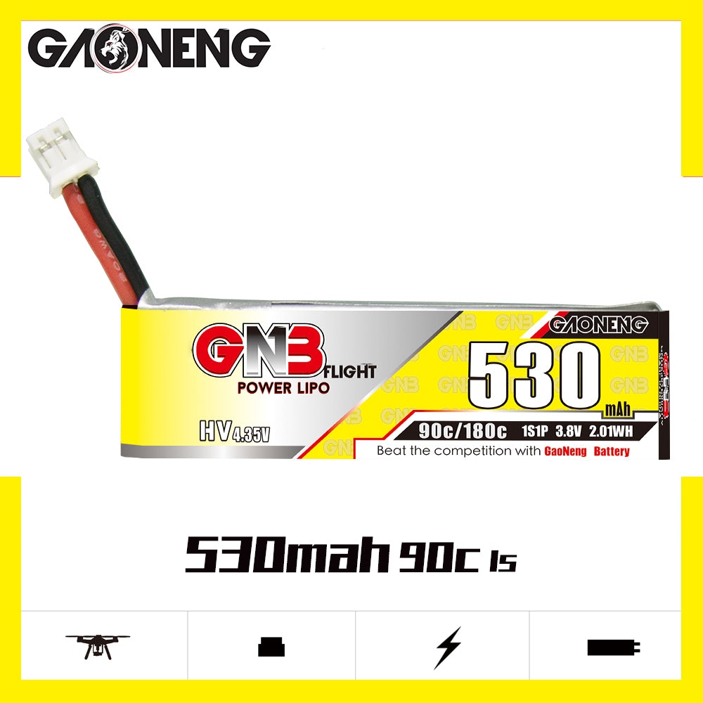 GAONENG GNB 530mAh 1S HV 4.35V LiPo battery label showing 90C/180C and 3.8V 2.01Wh