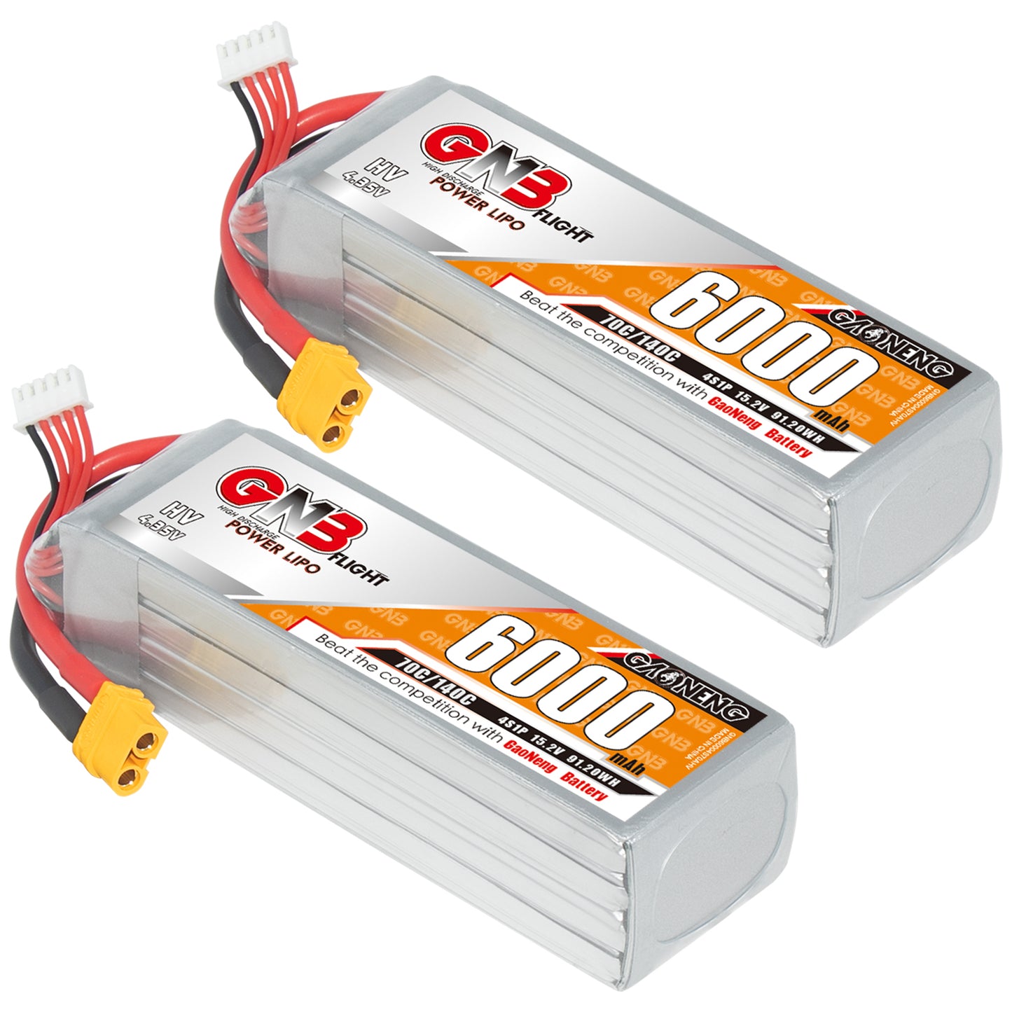 Two GNB 4S 6000mAh LiHV LiPo battery packs shown with XT60 leads and balance plugs