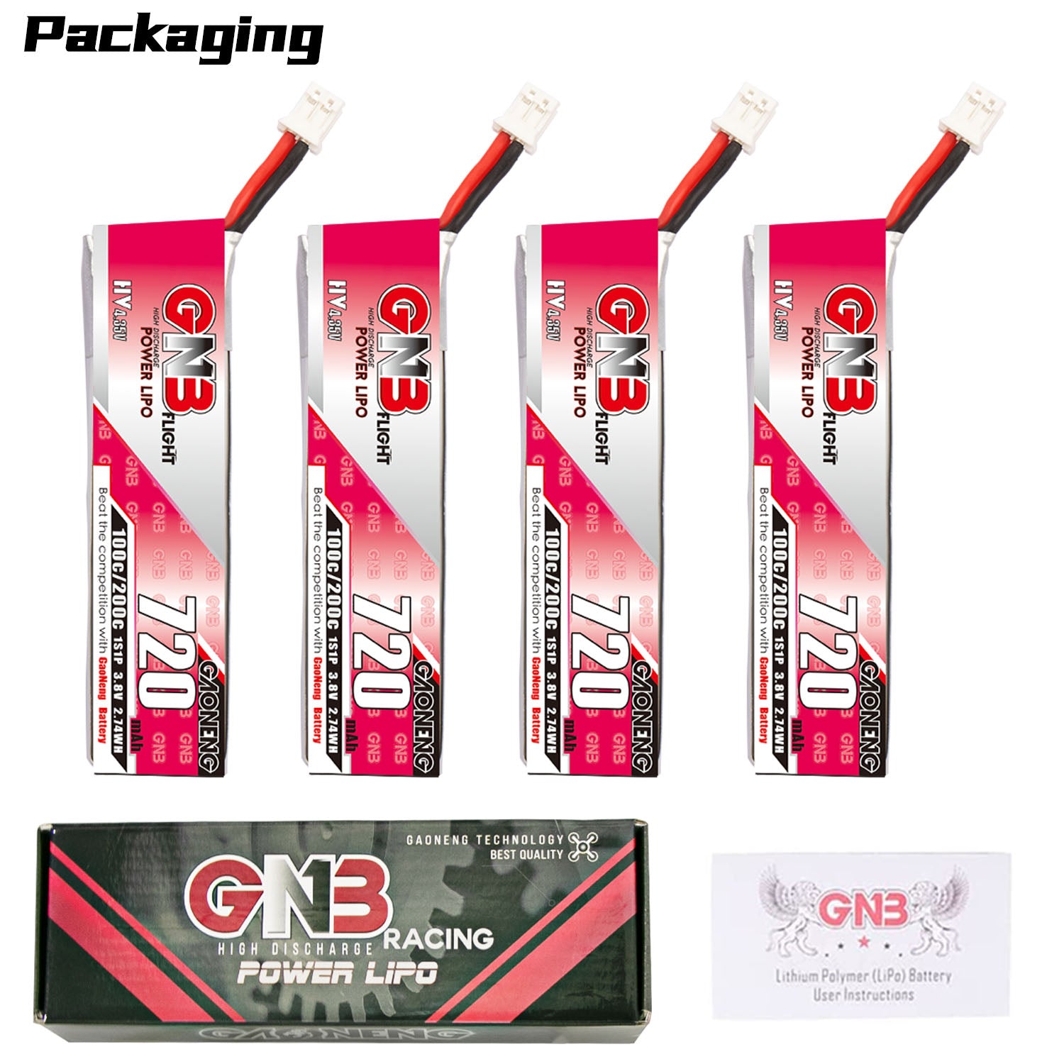Packaging contents: four GNB720 batteries with GNB Racing Power LiPo box and user instructions card