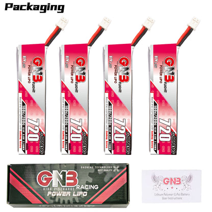 Packaging contents: four GNB720 batteries with GNB Racing Power LiPo box and user instructions card