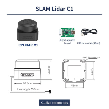 RPLIDAR C1 SLAM lidar kit with signal adapter board, USB cable, and C1 size parameter drawings