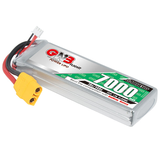 GAONENG GNB 2S 7.4V 7000mAh 70C LiPo battery with XT90 plug and balance lead, angled view