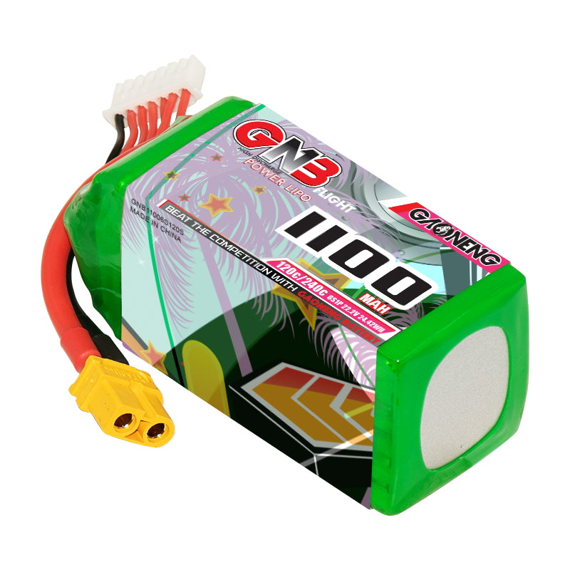 Angled side view of GAONENG GNB 1100mAh LiPo battery showing green shrink wrap, XT60 connector and balance plug
