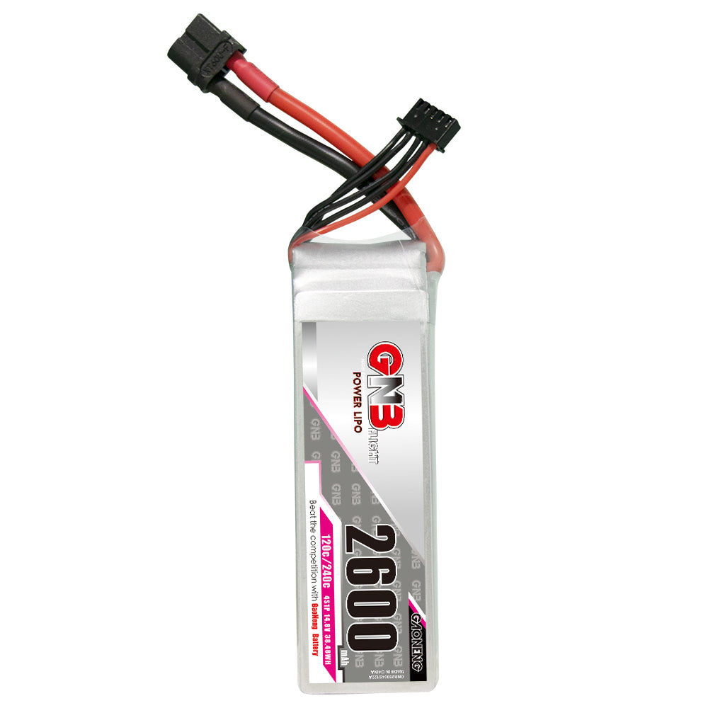 GNB 4S 14.8V 2600mAh 120C LiPo battery with XT60 plug and balance lead, upright view