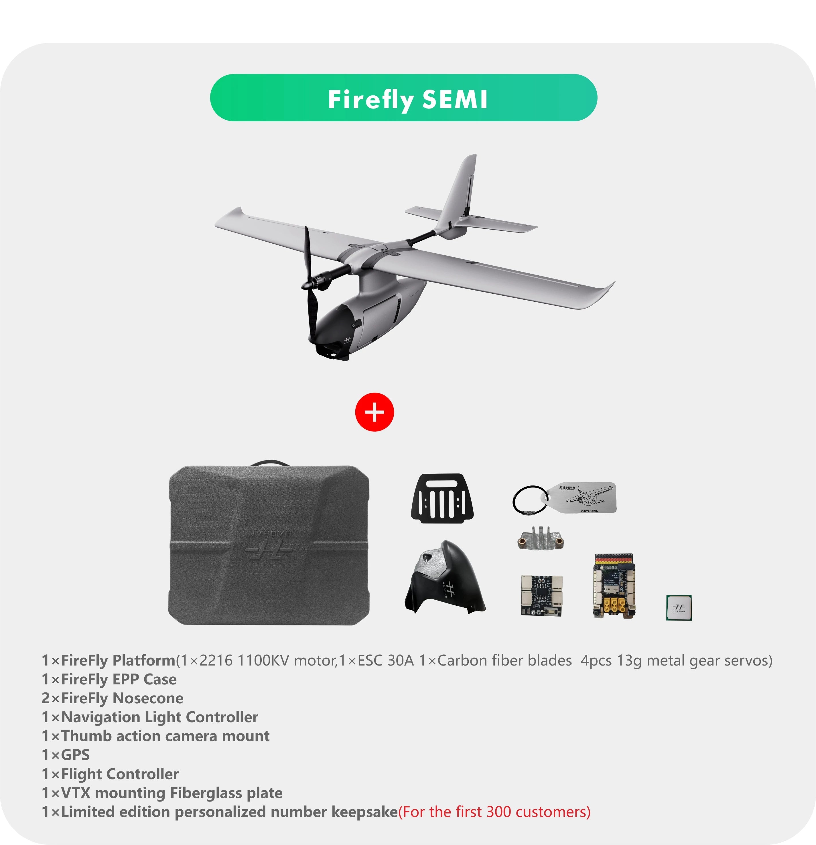 HAOHAN Firefly Modular & Multi-Mount FPV Patrol Drone Support VTOL 1080mm Wingspan EPP RC Airplane PNP / SEMI Version Firefly Semi drone with powerful motor, ESC, and carbon blades, plus various accessories.