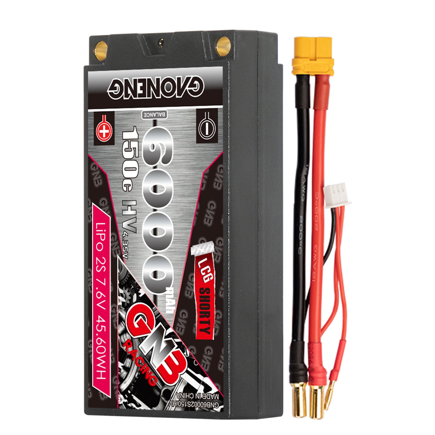 GAONENG GNB 2S LiHV 7.6V 6000mAh 150C LCG shorty hard case LiPo with 5mm bullets and lead