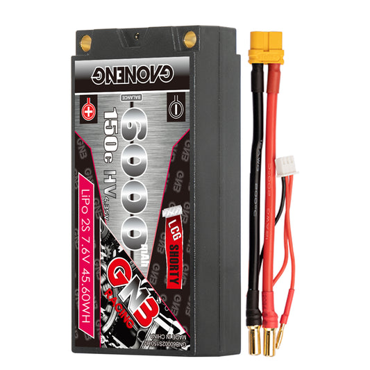 GAONENG GNB 2S LiHV 7.6V 6000mAh 150C LCG shorty hard case LiPo with 5mm bullets and lead