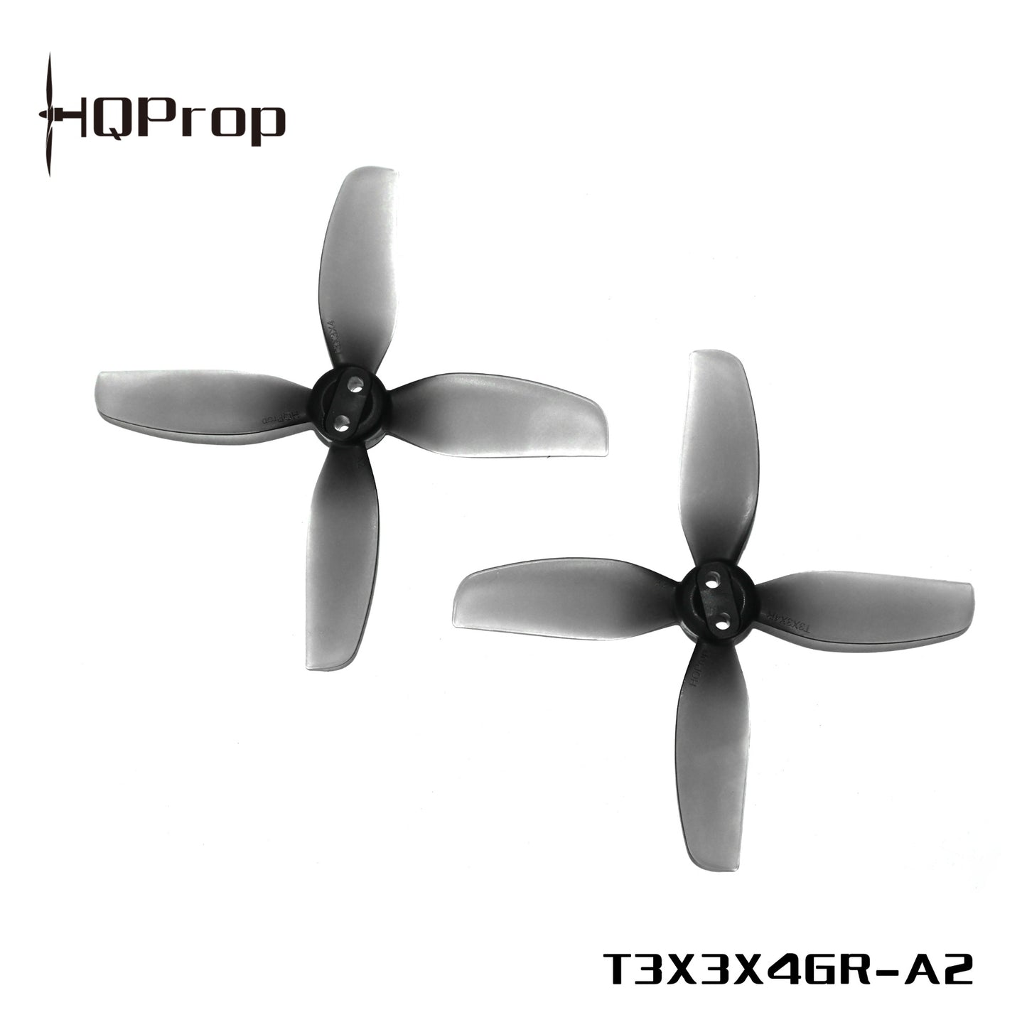 Two gray HQProp 4-blade drone propellers, model marking T3X3X4GR-A2