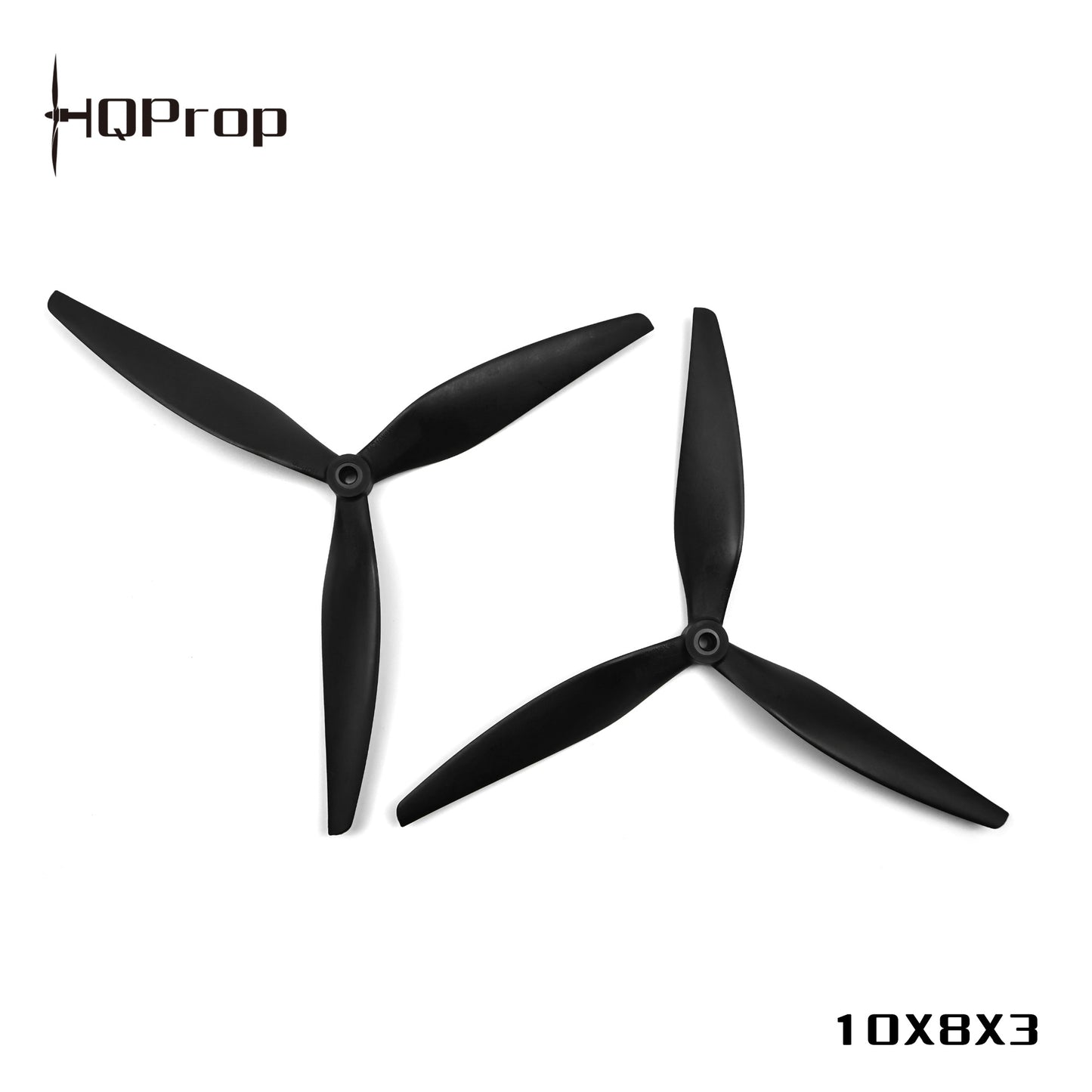 HQProp 10x8x3 black 3-blade propellers with HQProp logo and size marking