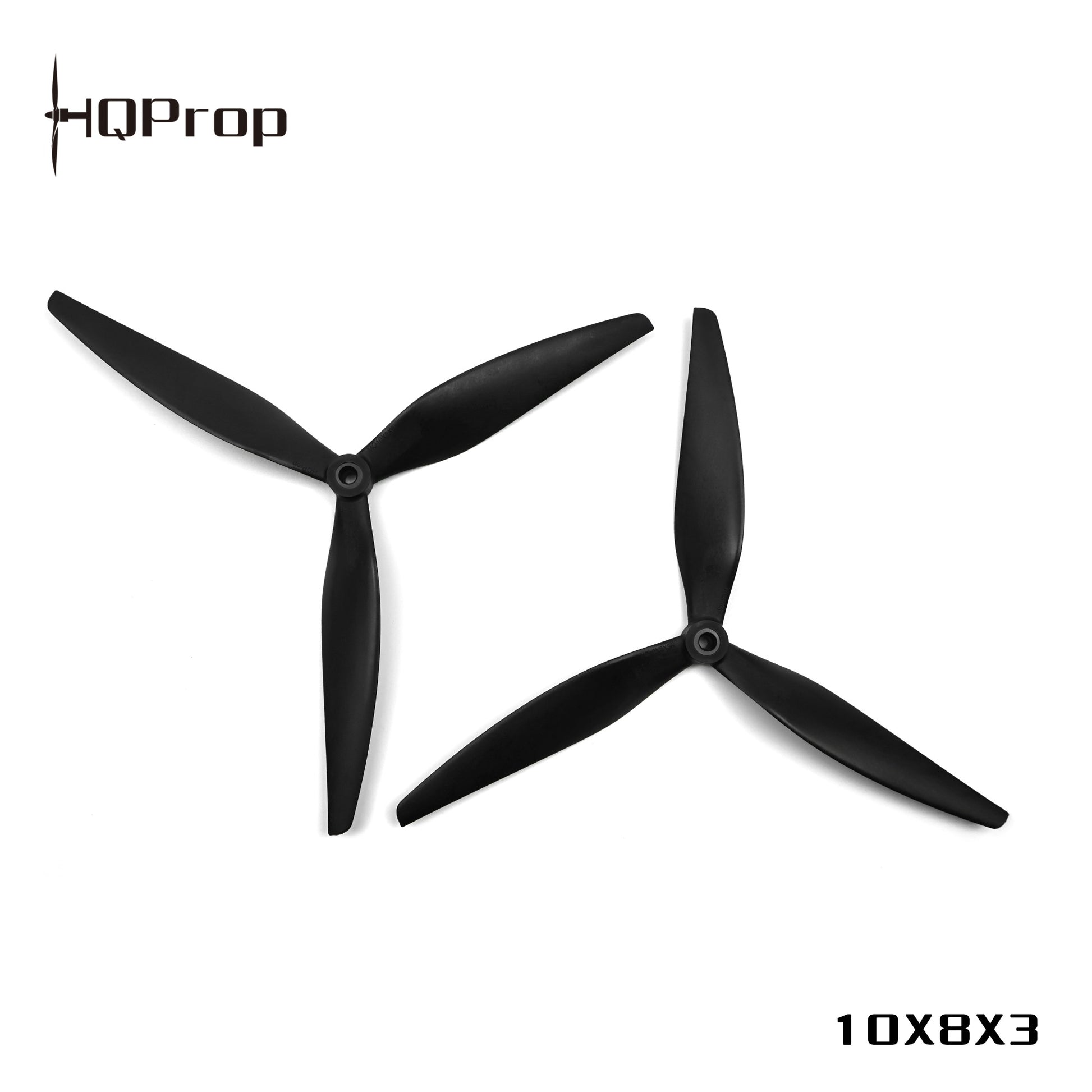 HQProp 10x8x3 black 3-blade propellers with HQProp logo and size marking
