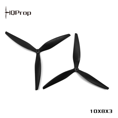 HQProp 10x8x3 black 3-blade propellers with HQProp logo and size marking
