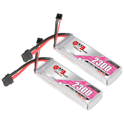 GAONENG GNB 2S 7.4V 2300mAh 130C LiPo batteries with XT60 leads, two-pack view