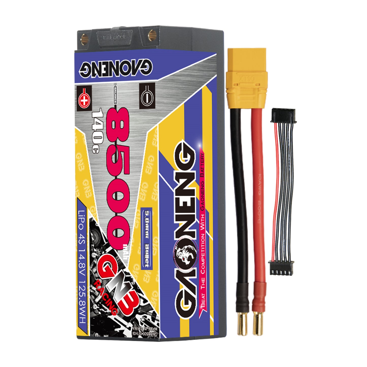 GAONENG GNB85004S140i 4S 8500mAh 140C hard case LiPo battery with yellow main plug and balance lead