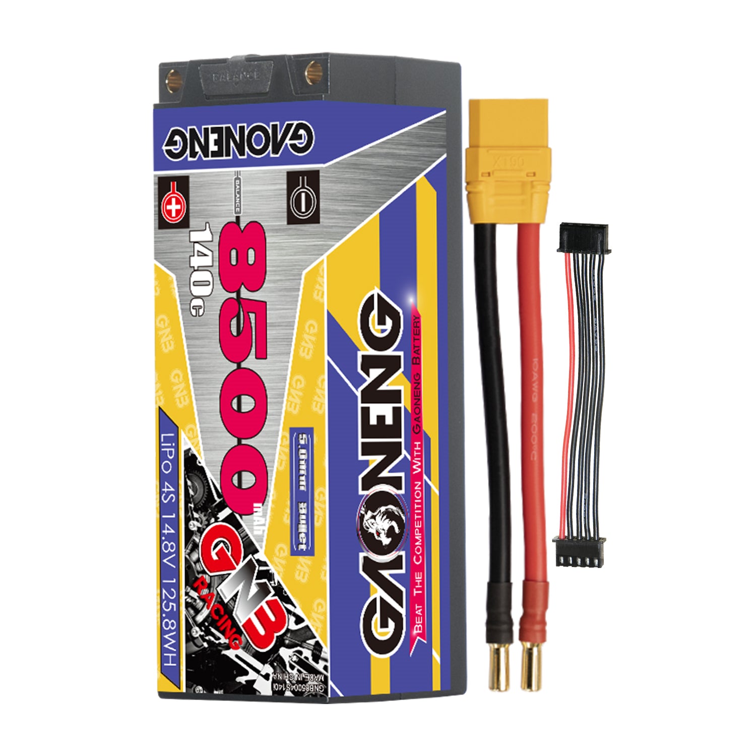 GAONENG GNB85004S140i 4S 8500mAh 140C hard case LiPo battery with yellow main plug and balance lead