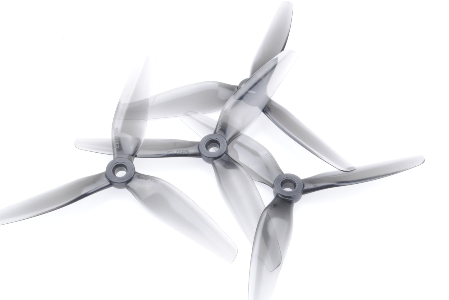 HQProp Ethix S5 Light Grey 5in 3-blade propellers, translucent grey set on white background