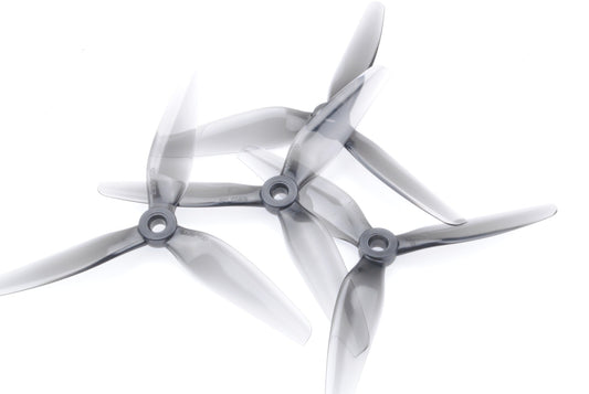 HQProp Ethix S5 Light Grey 5in 3-blade propellers, translucent grey set on white background