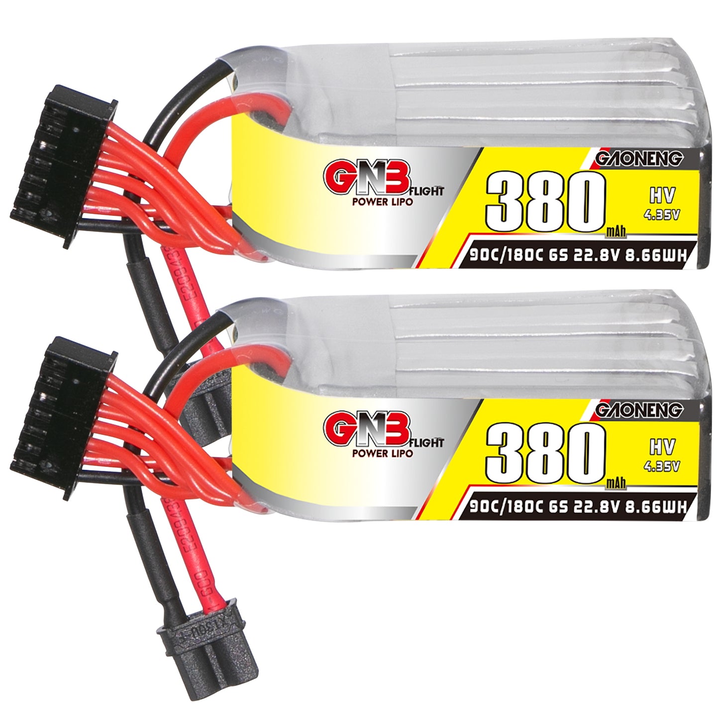 GNB LiHV 6S 380mAh 22.8V 90C LiPo battery with XT30 lead and 6S balance plug, pair view