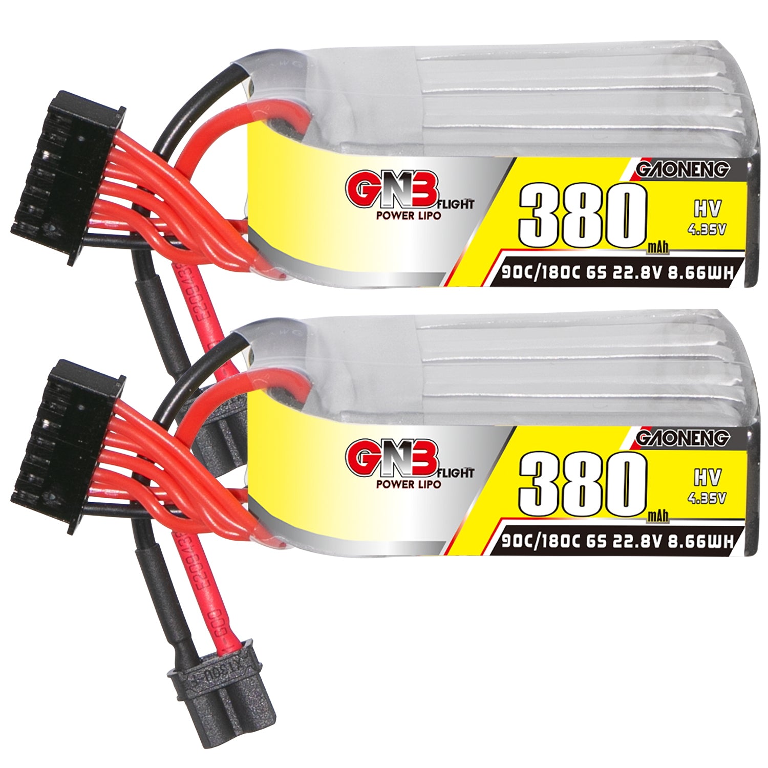 GNB LiHV 6S 380mAh 22.8V 90C LiPo battery with XT30 lead and 6S balance plug, pair view