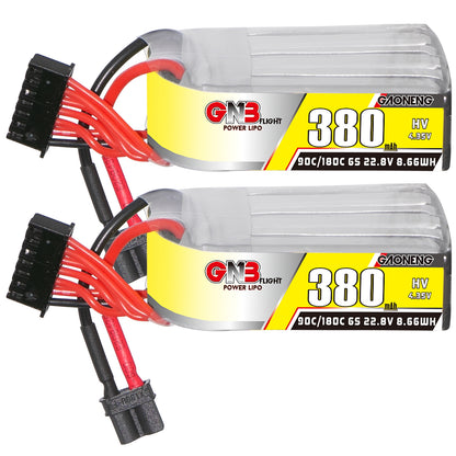 GNB LiHV 6S 380mAh 22.8V 90C LiPo battery with XT30 lead and 6S balance plug, pair view