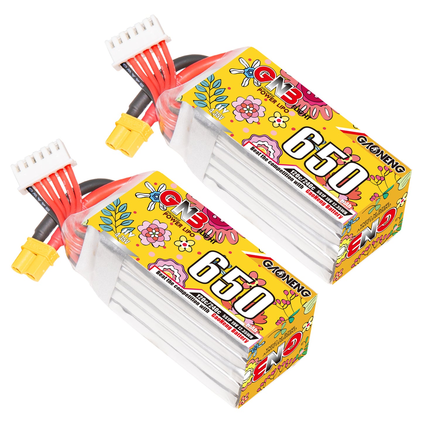 GNB 650mAh 5S LiHV 120C XT30 battery pair, yellow floral wrap with balance lead and XT30 plug