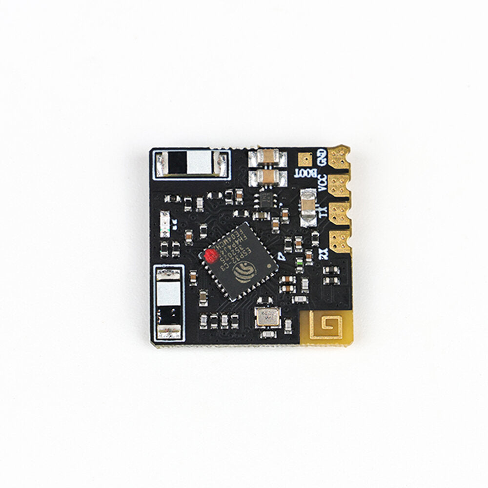 Back side of PR01 micro receiver board showing chip, components, and onboard 2.4GHz antenna trace