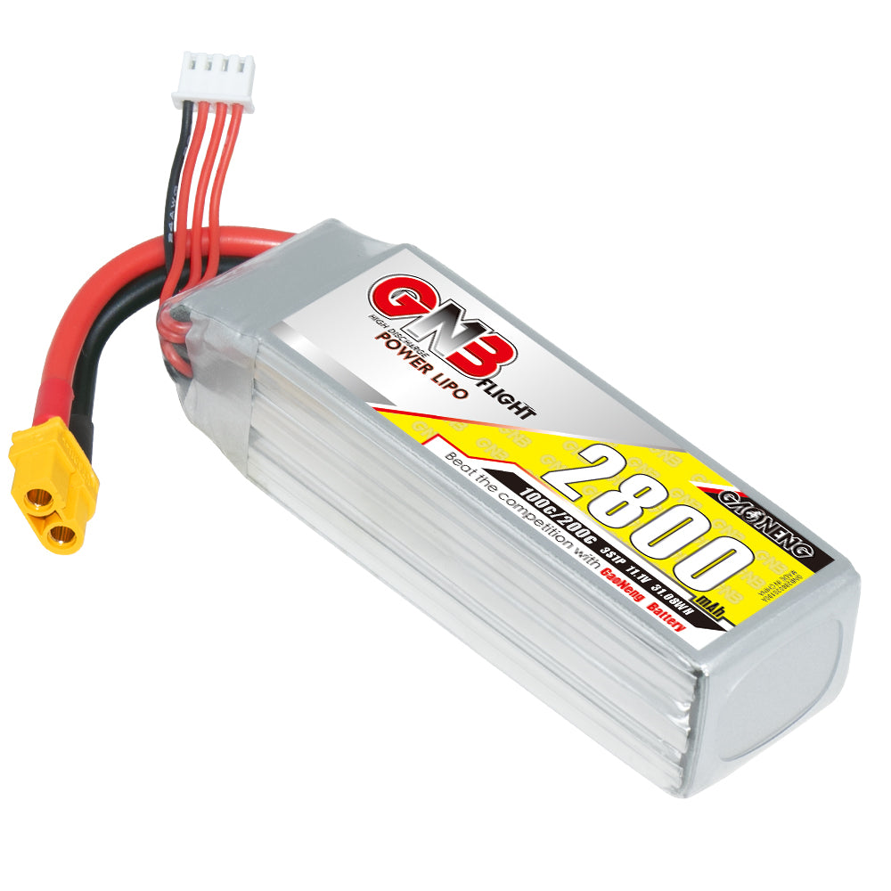 Angled top view of GAONENG 2800mAh LiPo battery showing XT60 plug and 3-pin balance connector