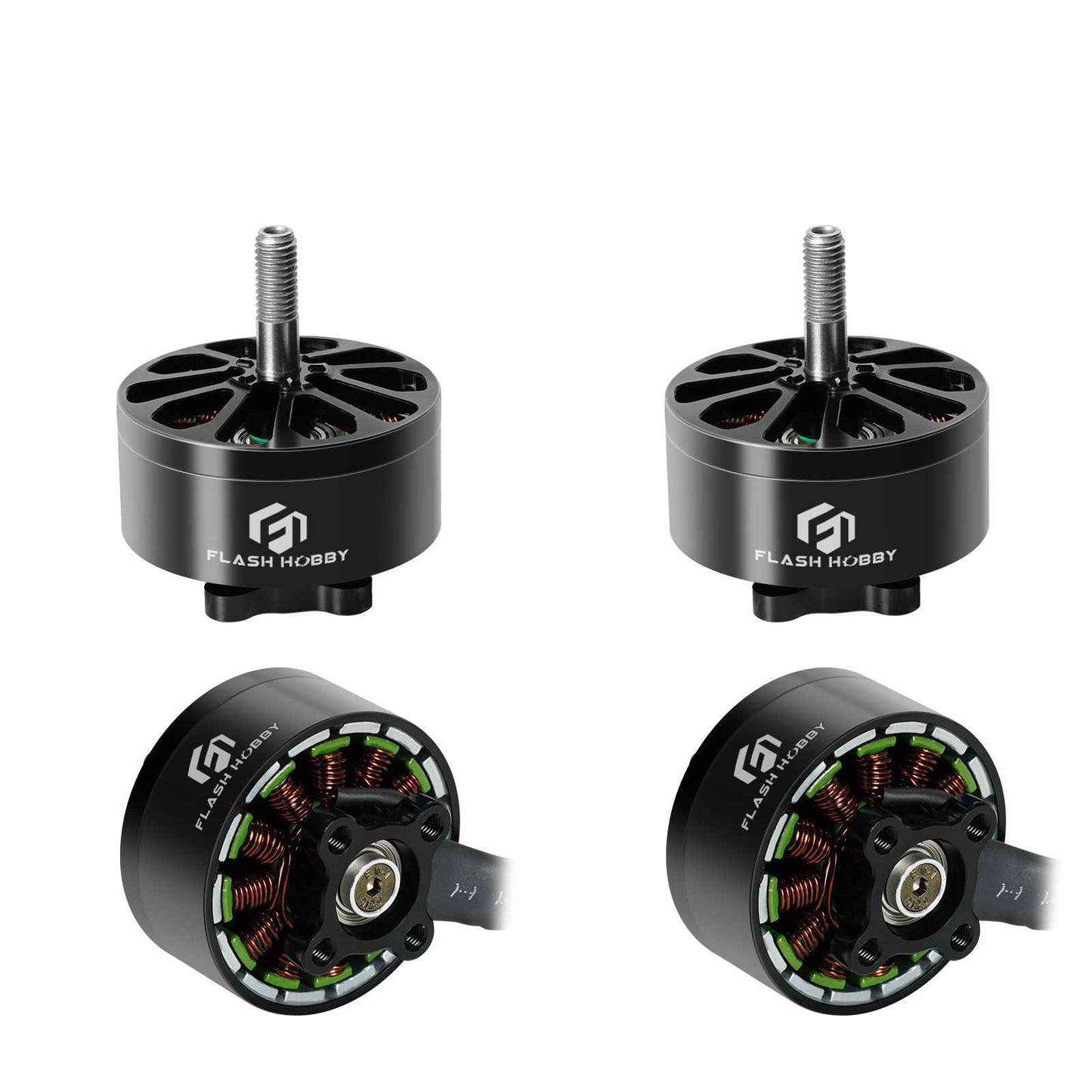 Flashhobby Arthur A3110 900KV Brushless Motor, Flashhobby Arthur A3110 brushless motor with black can, threaded shaft, and visible copper windings