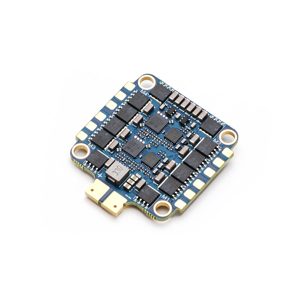 MAD AM32 70A 3-12S 4in1 ESC, MAD AM32 4-in-1 ESC board with blue PCB, four mounting holes, edge solder pads, and power pads