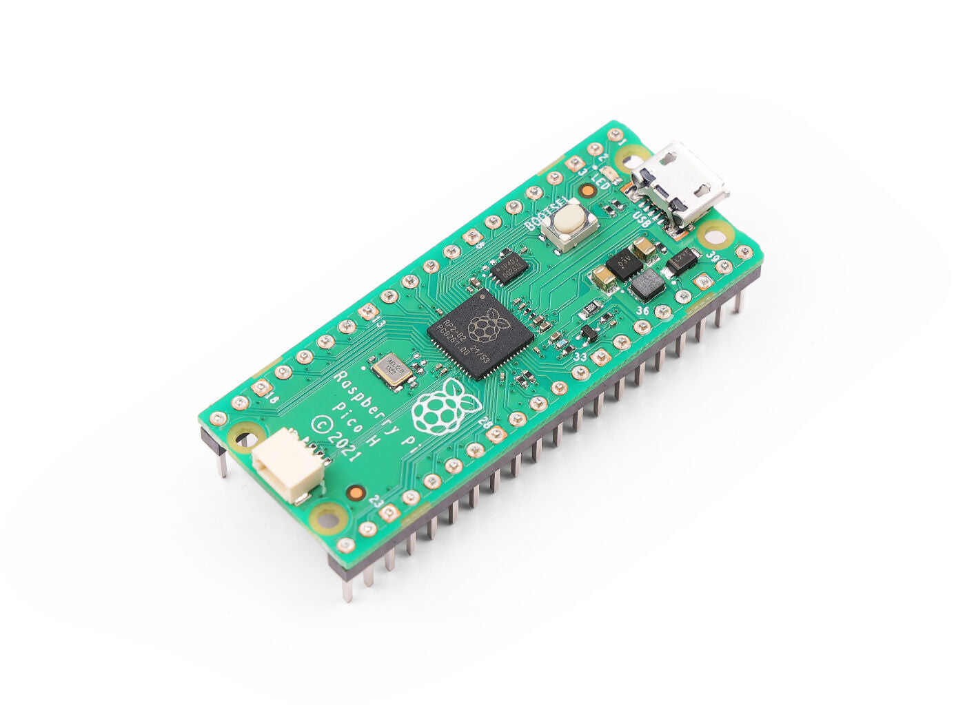 Raspberry Pi Pico H microcontroller board, RP2040, 26 GPIO, 2MB Flash, pre‑soldered headers, USB Type‑C