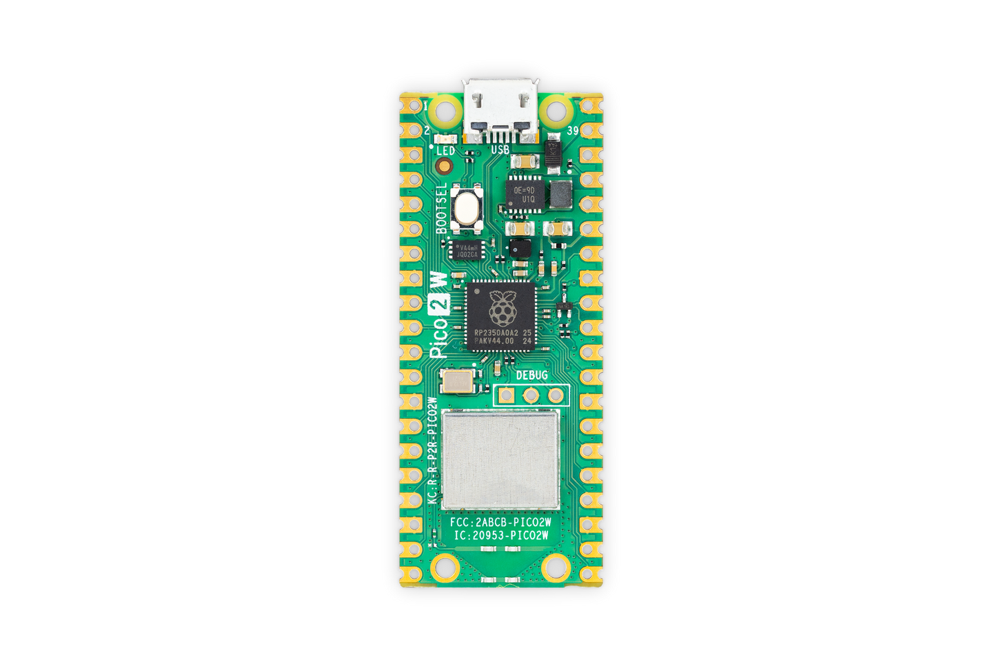 Raspberry Pi Pico 2 W features RP2350 dual-core, Wi-Fi, Bluetooth, 4MB flash, 520KB SRAM, USB, LED, debug pins, FCC/IC IDs.