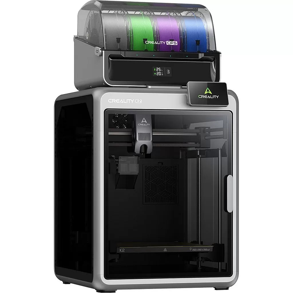 Creality K2 Combo 3D Printer with enclosed frame and Creality CFS multi-spool unit on top, front view