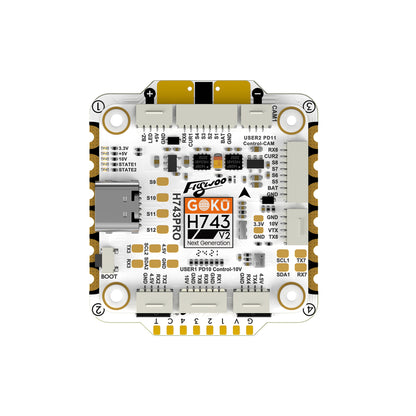 Flywoo GOKU H743PRO H743 V2 drone flight controller board with USB-C port, labeled pads, and connectors