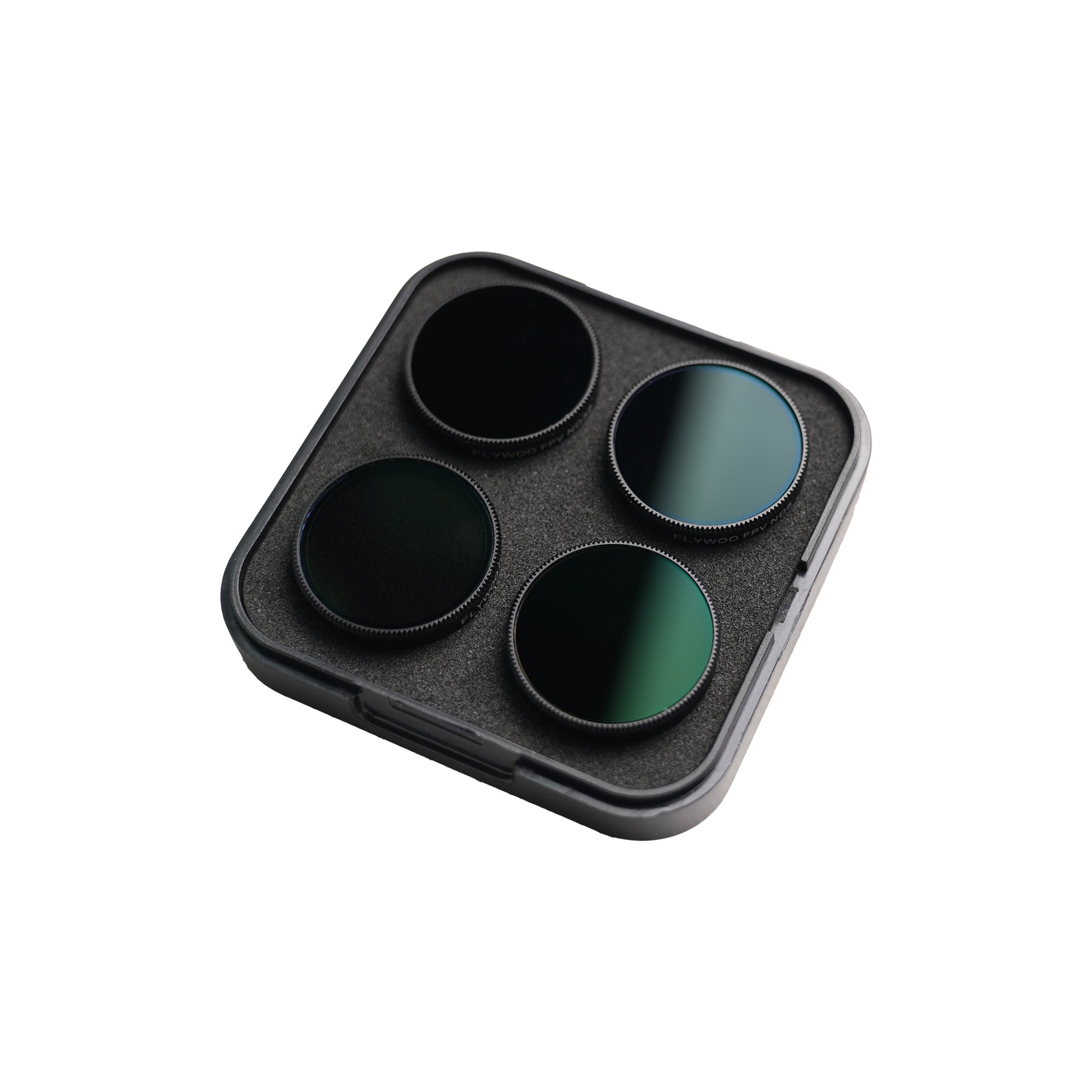 Flywoo action camera ND filter set with four circular screw-on filters in a foam-lined protective case.