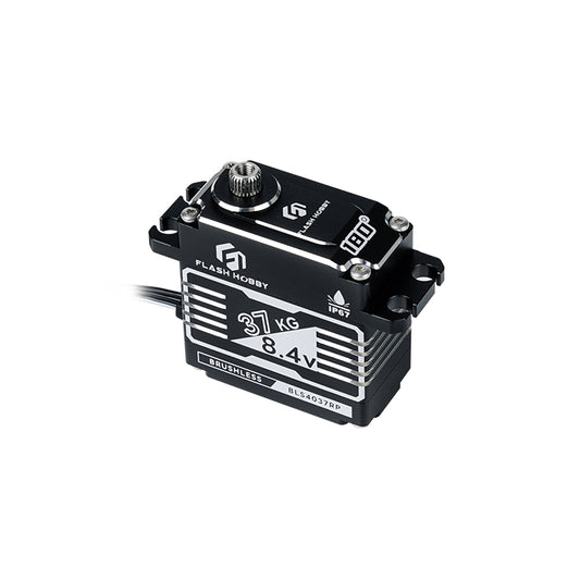 Flashhobby BLS4037RP brushless digital servo with metal case, 37KG 8.4V label, IP67 marking and lead wire