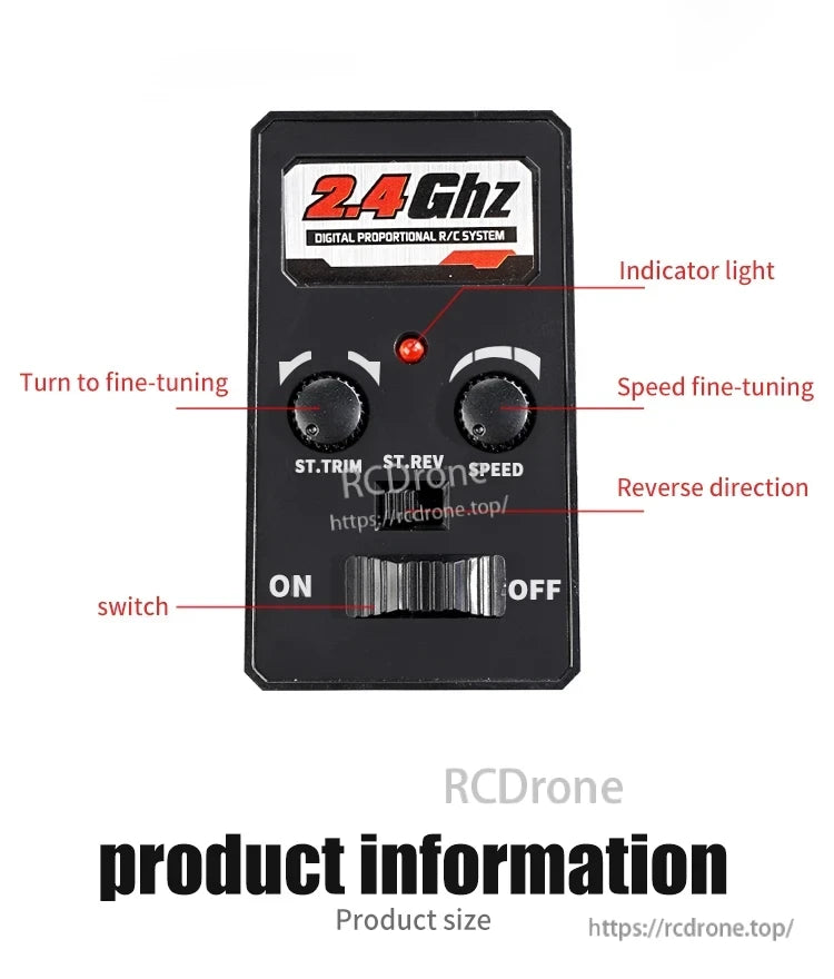 1:16 4WD RC Car, 2.4GHz digital proportional remote control with tuning knobs, reverse switch, and indicator light.