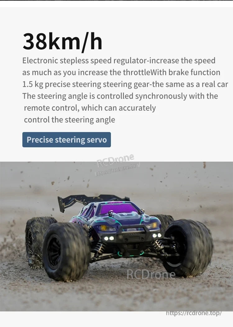 1:16 4WD RC Car, The drone features a 38km/h speed, electronic stepless regulator, brake function, 1.5kg steering gear, precise servo, and synchronized remote control steering.