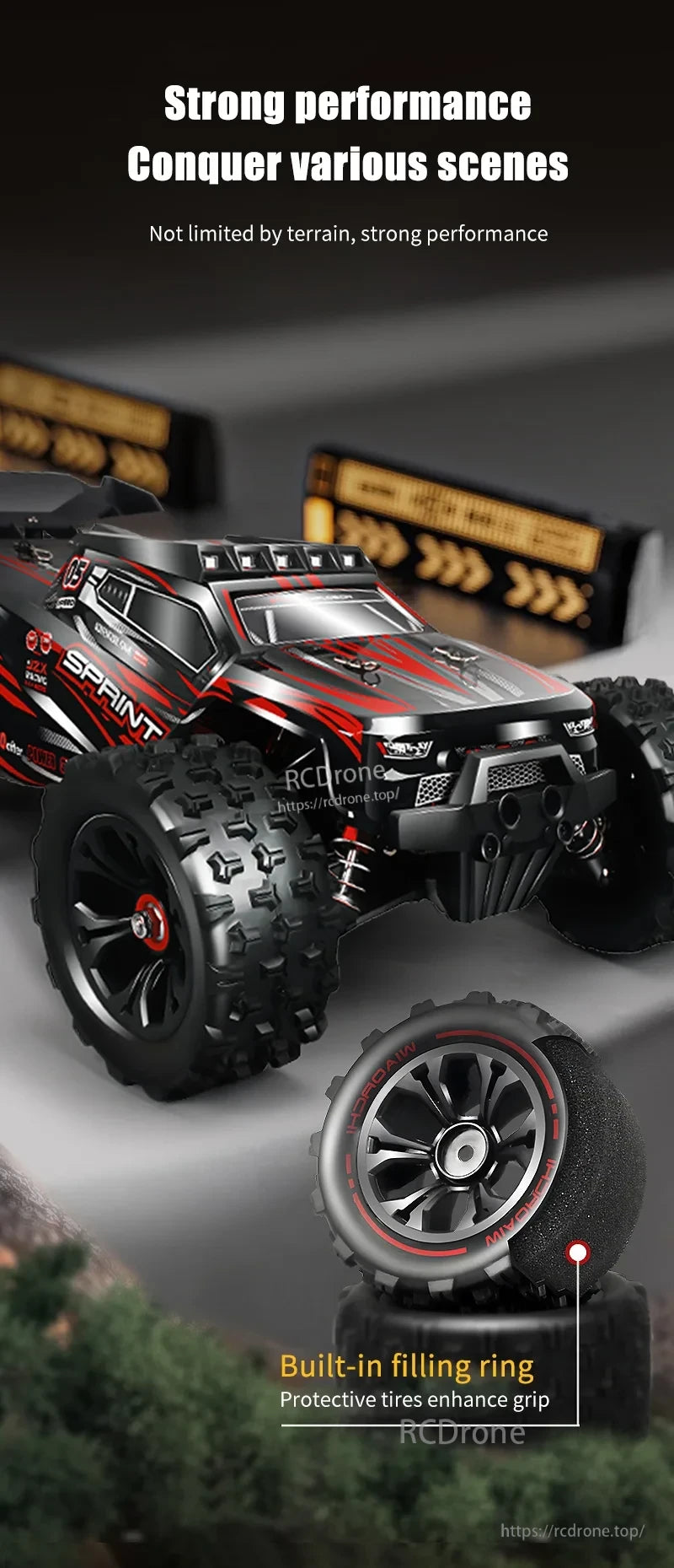 1:16 4WD RC Car, 1:16 scale 4WD RC car with strong performance, all-terrain capability, and built-in filling ring.