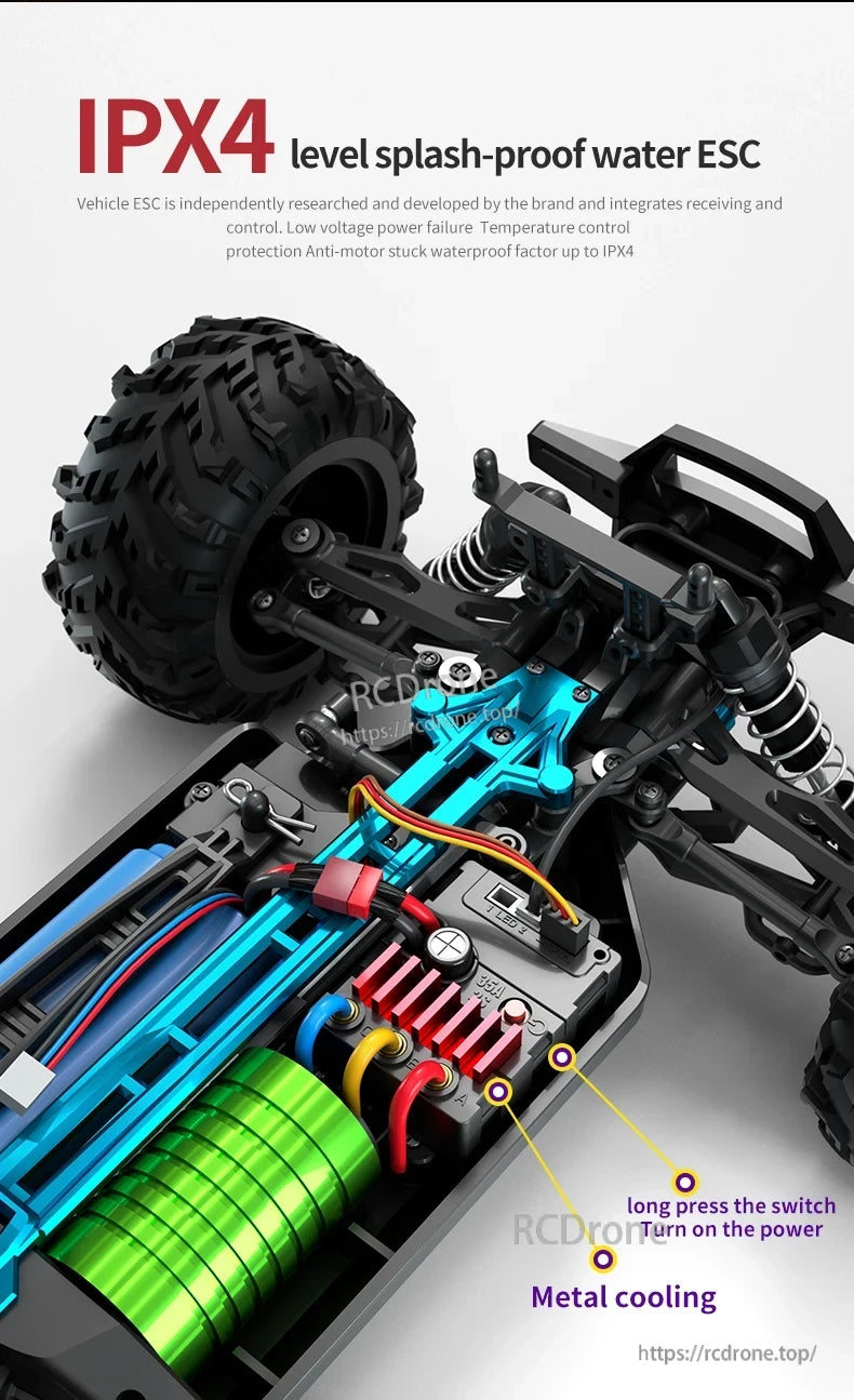 1:16 4WD RC Car, IPX4 splash-proof ESC with metal cooling, power switch, low voltage and temperature protection, and anti-motor stuck features.