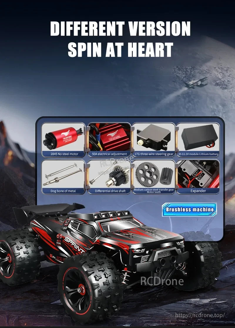 1:16 4WD RC Car, A 1:16 scale 4WD RC car with a brushless motor, 50A ESC, 3S battery, metal dog bone, differential shaft, carbon steel gears, and expander.