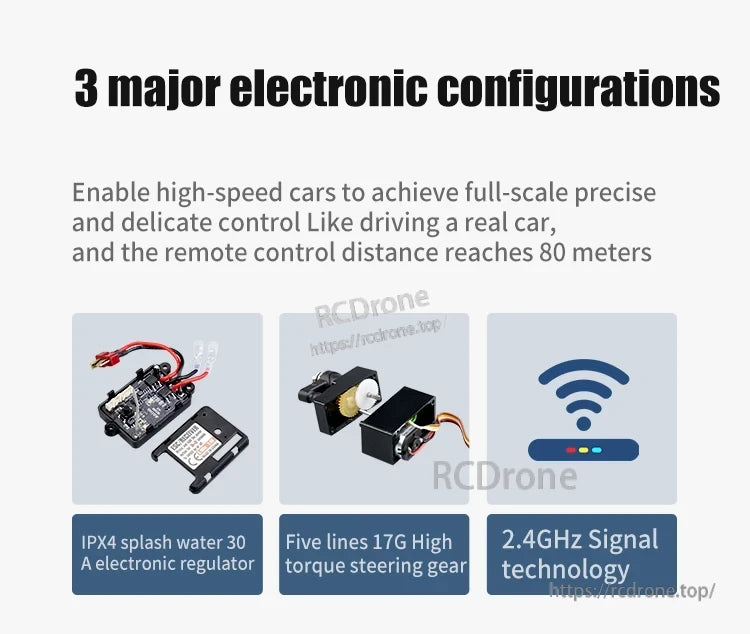 1:16 4WD RC Car, Three key electronics: IPX4 waterproof 30A ESC, 17G high-torque servo, 2.4GHz control for precise 80-meter range.