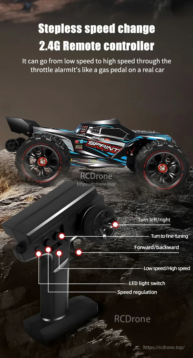 1:16 4WD RC Car, A 1:16 scale 4WD RC car with stepless speed change, 2.4G remote control, throttle control, LED lights, precise steering, and fine-tuning functions.