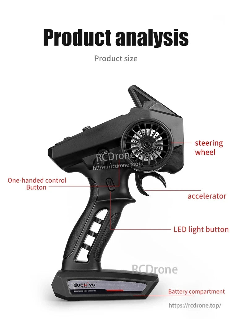 1:16 4WD RC Car, The remote control for an RC car includes a steering wheel, accelerator, LED button, battery compartment, and allows one-handed operation.