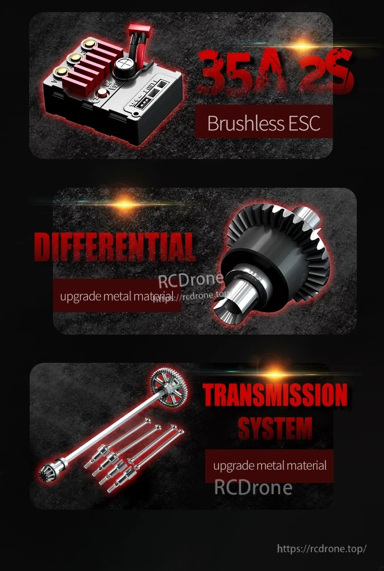 1:16 4WD RC Car, Upgraded 35A 2S brushless ESC, metal differential, and transmission system enhance RC car performance.