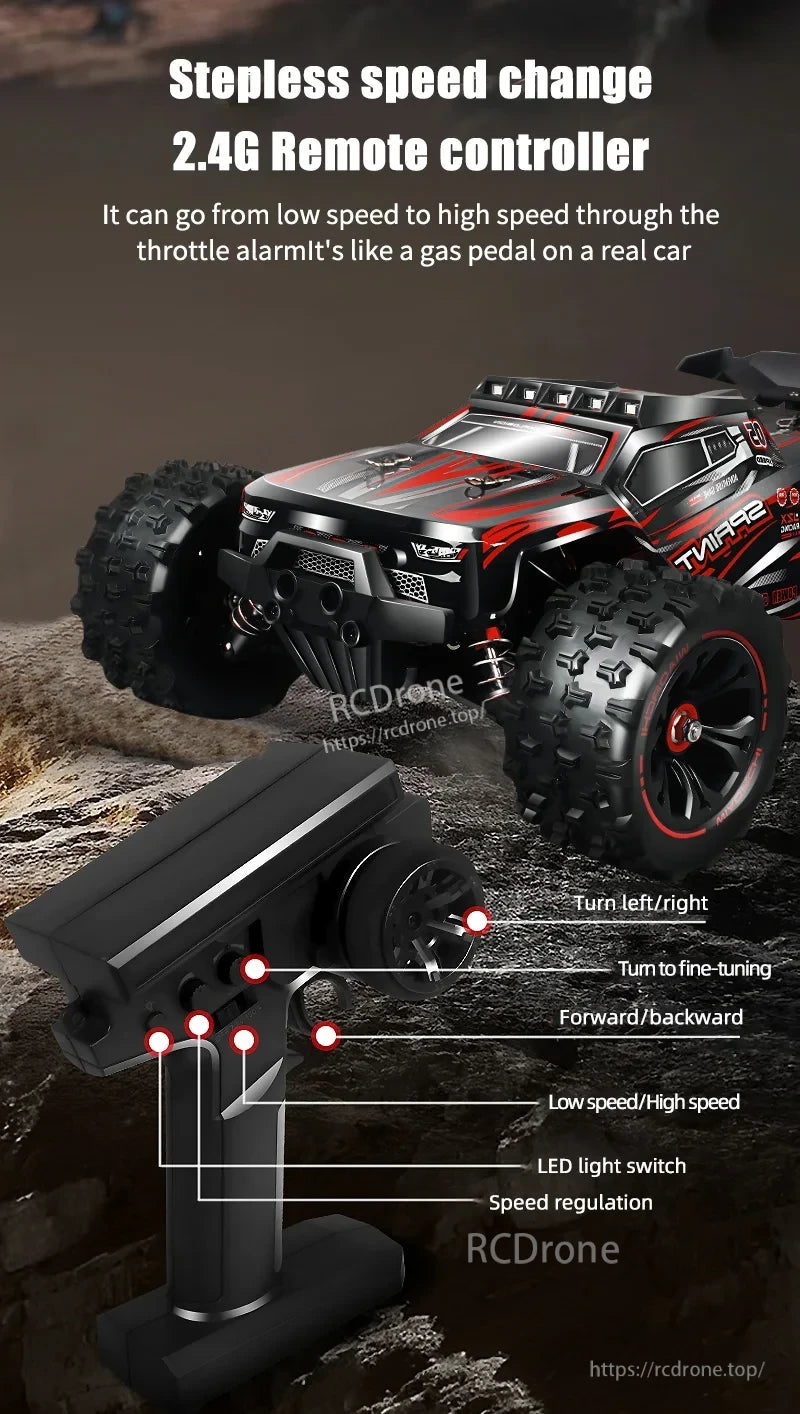 1:16 4WD RC Car, A 1:16 scale 4WD RC car with speed control, 2.4G remote, LED lights, and precise steering for off-road use.