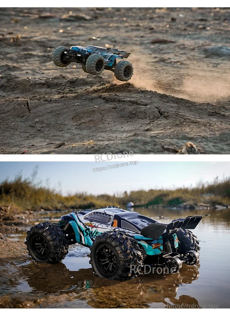 1:16 4WD RC Car, 1:16 scale 4WD RC car with brushless or brushed motor, LED lights, metal drivetrain, and 2.4G remote control for off-road drifting.